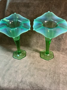 1910s Dugan glass green Tall Opalescent Jack in the pulpit vase Matched Pair - Picture 1 of 7