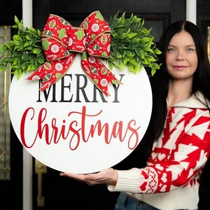 Merry Christmas Front Door Decor Wreath with Bow Sign Hanger Custom Rustic 22" - Picture 1 of 9