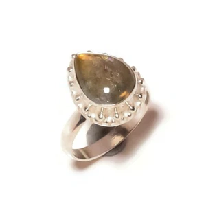 Llamativo anillo llamativo de labradorita cabujón pera hecho a mano US-9 A2398 - Imagen 1 de 2