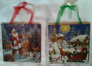 Set of 2 Hanging Santa and Reindeer Scenes Tiles - Picture 1 of 4