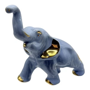 Elefant Figur blau Keramik Gold Akzente Rüssel hoch Viel Glück Vintage Deko - Bild 1 von 8