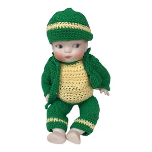 Antique Reproduction All Bisque Doll 1976 Dressed Green Crochet Outfit Boy 8" - Picture 1 of 7