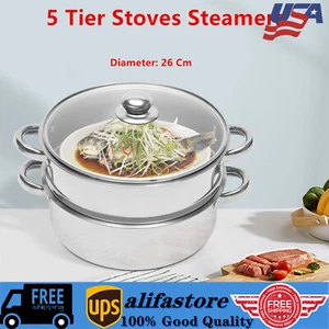 5 Tier Stainless Steel Steamer Cooker Steam Pot Kitchen Food Cooking + Glass lid - Picture 1 of 11