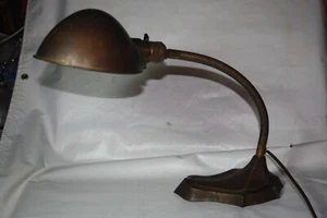 Vintage 1940s Gooseneck Adjustable Desk Lamp Plated Cast Iron Base - Brass Shade - Picture 1 of 11