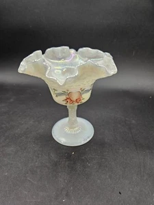 VTG. Fenton Hand Painted Opalescent White Compote w/Ruffled Edge Signed - Picture 1 of 5