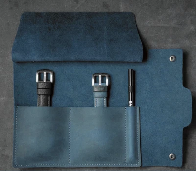 Reloj de pulsera Bolso bolígrafo soporte para lápiz cuero de vaca estuche de almacenamiento bolsa azul H363 Foto 1 de 4
