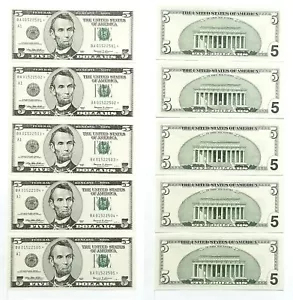 1999 $5 Boston District Star Notes 5 Consecutive Unc Fr 1987-A* #501-505 - Picture 1 of 1