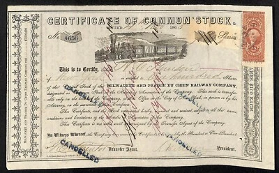 Certificado de stock de Milwaukee and Prairie Du Chien Railway 1865 con sellos fiscales certificados Foto 1 de 2