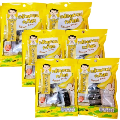 Nine Jom sabor doce banana com leite de coco fresco lanche tailandês mastiga 60 g x 6 - Imagem 1 de 4