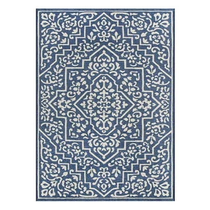 Traditional Medallion 5' x 7' Outdoor Rug - Polypropylene/Polyester - Blue/Ivory