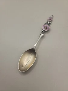 Antico cucchiaio argento souvenir canna e bartone CINCINNATI, fiori smaltati viola - Foto 1 di 14
