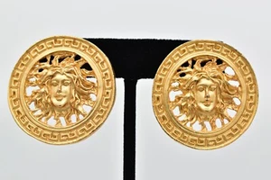 Pendientes de clip vintage Medusa Sun oro cepillado mate redondo grueso años 80 9E - Imagen 1 de 12