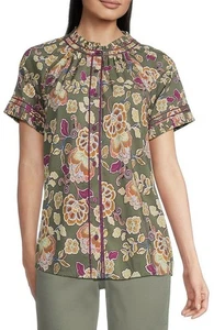 New Democracy Floral Pleated Split V-Neck Short Sleeve Button Front Top - Bild 1 von 6