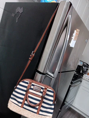 DANA BUCHMAN Black & White Striped Cotton/Poly Crossbody Handbag EUC - Image 1 of 4