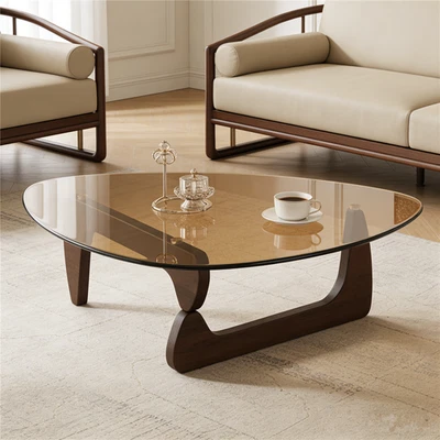 Amber-Tinted Triangle Tempered Glass Center Coffee Table Accent Solid Wood Base - Image 1 of 4