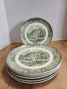 Vintage Currier & Ives Royal 9" Speiseteller The Old Schrotmühle grün 6er Set - Bild 1 von 15