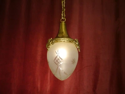 BRASS CHANDELIER ANTIQUE CEILING LAMP ART NOUVEAU CUT FROSTED GLASS c.1910 - Image 1 of 4