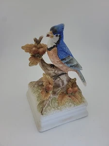 Statuina porcellana vintage Gorham Blue Jay uccellino dipinto a mano 6,5" Giappone - Foto 1 di 9
