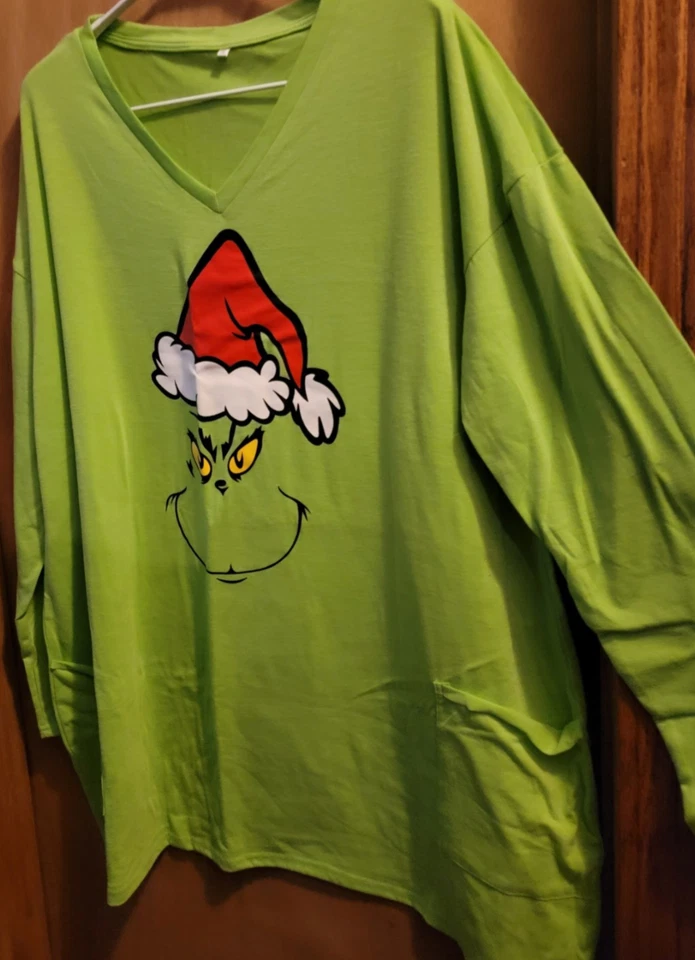 Christmas Grinch Face Long Sleeve T-Shirt/night shirt, Green  Women Plus3x - Image 1 of 4