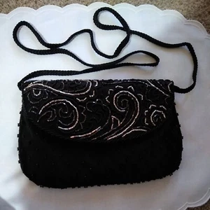 Bolso pequeño de colección con cuentas negras de noche La Regale correa cuentas plateadas - Imagen 1 de 7