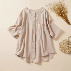 Camicia donna maniche corte camicette cotone lino abbottonato collo rotondo top massello - Foto 1 di 1