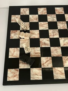 Hand Carved, Onyx Marble, Black, Pink Stone Chess Set, 32 Pieces, 14” - Picture 1 of 17