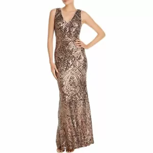 Aqua Sequined Women's Bronze Double V Neck Evening Dress - Picture 1 of 1