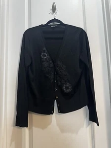 ANN TAYLOR Black Embroidered Front CARDIGAN Long Sleeves Armpit To Armpit 20” L - Picture 1 of 6
