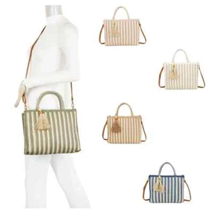 Boutique gewebte Strohtasche Damen Quasten Deko Streifen Muster Medium Beuteltasche Schulter - Bild 1 von 22