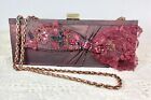 VINTAGE 3D LACE BOW DESIGN BEADS MAROON SATIN GOLD CHAIN BOX EVENING BAG PURSE