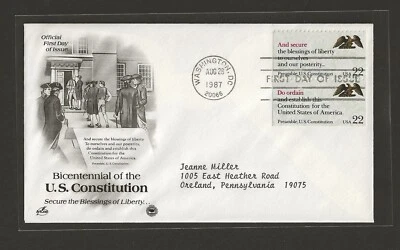 1987 US 22c Pair Bicentennial Of The U.S. Constitution FDC Scott #2359a - Image 1 of 2