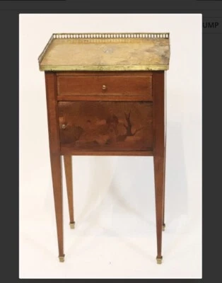 Antique French Brass Gallery & Marble Top End Side Stand Table w/ Inlaid Door - Image 1 of 4