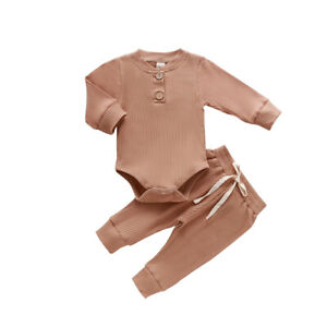 Newborn Infant Knit Baby Boy Girl Clothes Set Long Sleeve Button Romper Pants