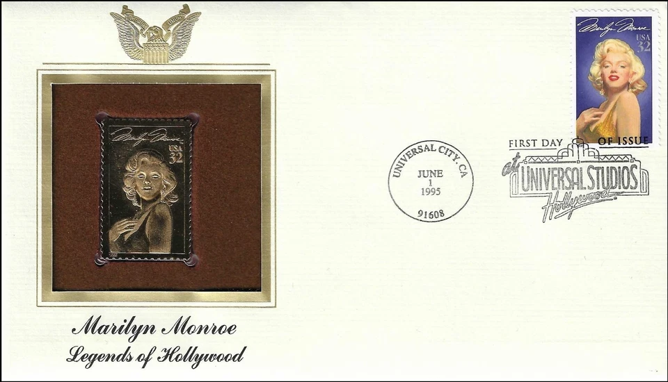 Marilyn Monroe Legends Of Hollywood USA Golden Gold 22k Plated Stamp FDC 1995 - Image 1 of 2