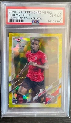 Jeremy Doku 2020-21 Topps Chrome UCL Sapphire Yellow /99 PSA 10 - Image 1 of 2
