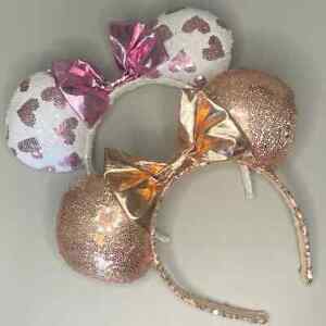 Set of 2 Disney Mickey Mouse Ears Girls Headbands Pink Hearts Gold Sequins