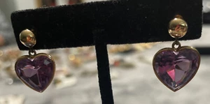 Vintage 14k Gold Amethyst Dangle Earrings. Bezel Set Heart W/screw Backs Pierced - Picture 1 of 11