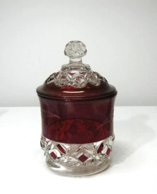 EAPG = RUBY STAINED = ENGRAVED = PILLOW ENCIRCLED = COVERED SUGAR = 1890'S ERA - Image 1 of 4