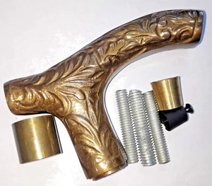 Vintage Carved Embossed Brass Derby Handle Wood Shaft Walking Cane Stick - Picture 1 of 6
