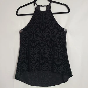 Francesca's Black Velvet Pattern High Low Shirt Top High Neck Keyhole back Sz S - Picture 1 of 9