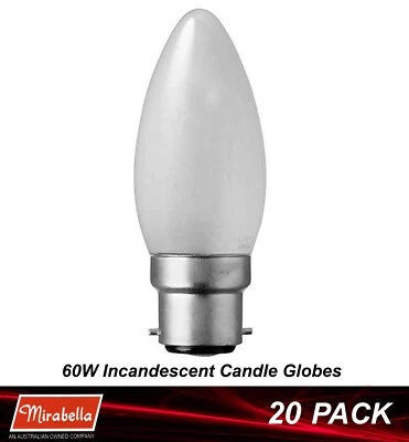 20 x 60W Pearl B22 Candle Shaped Light Globes Bulbs Lamps Bayonet Incandescent - image 1 of 4