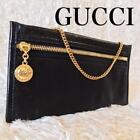 GUCCI Pouch Clutch Black Leather Suede Size: W8.7xH4.5 in. Gold Chain: 5.5" Rare
