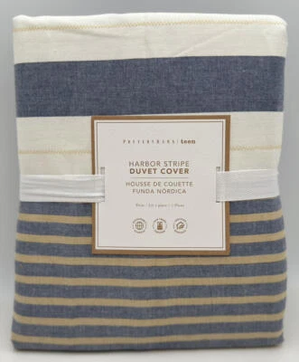 Pottery Barn Teen Harbor Stripe TWIN Duvet Cover ~ Classic Navy / Golden Yellow - Image 1 of 2