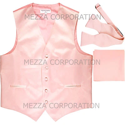 New Men's pink formal vest Tuxedo Waistcoat self tie bow tie and hankie set  - Image 1 of 4