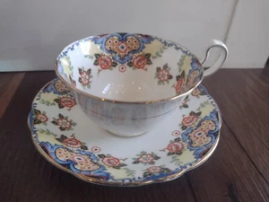 Vintage Aynsley Teacup and Saucer Orange and Blue Floral Design - Picture 1 of 9