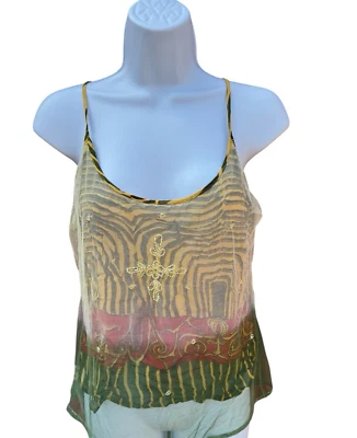 Vintage 90s Y2K Sheer Mesh Lace Beaded Cami Tattoo Tank Grunge Goth Alt Fairy - Image 1 of 4