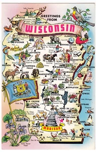c1960 Greetings From Wisconsin~ Vintage Unused WI State Map Postcard - Imagen 1 de 2