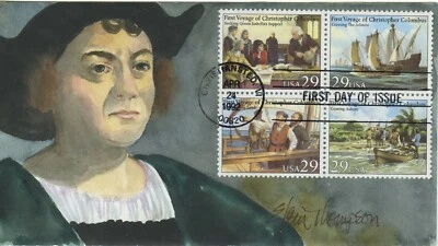#2620-2623a Block of 4 Voyages of Columbus Elain Thompson, Hand-painted Cachet - Image 1 of 2