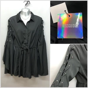 NEW Boohoo Black Lace-Up Sleeve Playsuit Dress UK 12 EUR 40 Trendy Party Club - Picture 1 of 15