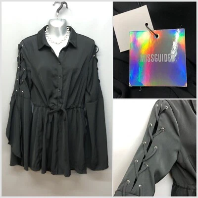 NUEVO Vestido Mono Boohoo Negro Manga Con Cordones Reino Unido 12 EUR 40 Moda Fiesta Club Foto 1 de 4